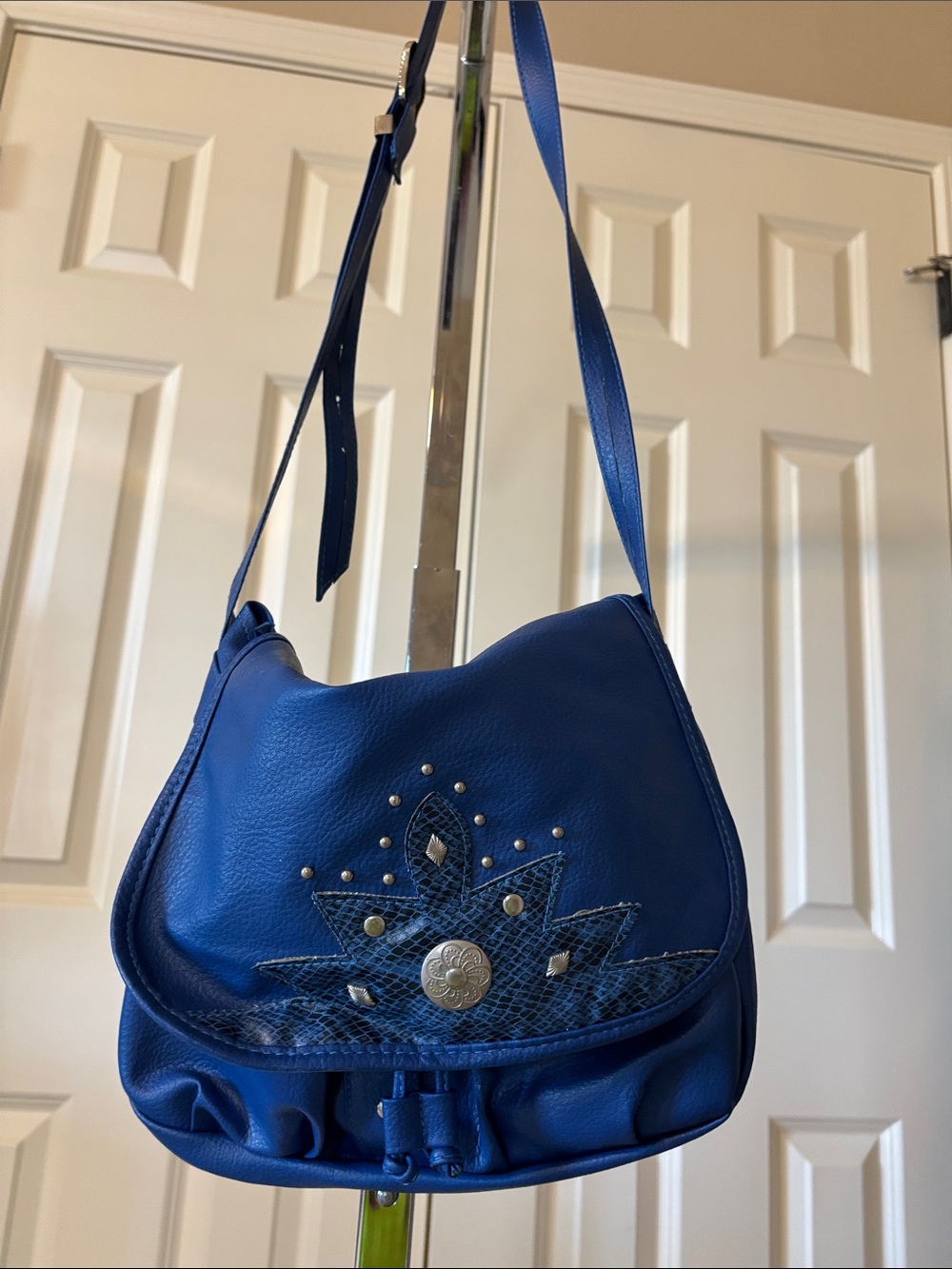 Blue Stud-Embellished Shoulder Bag